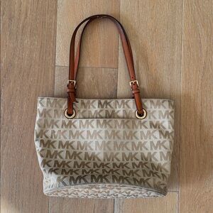 Michael Kors MK Signature Jacquard Tote Bag Beige Brown